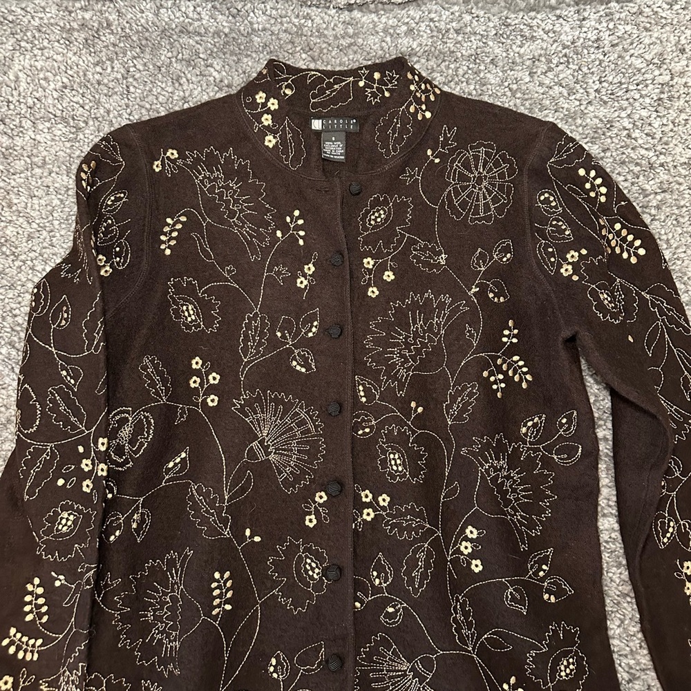 Carole Little Brown Wool Cardigan with Floral Embroidery
